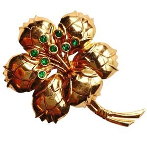 VTG Mid Century Large Brooch Green Rhinestone Floral 1940s 50s Gold Tone Pin